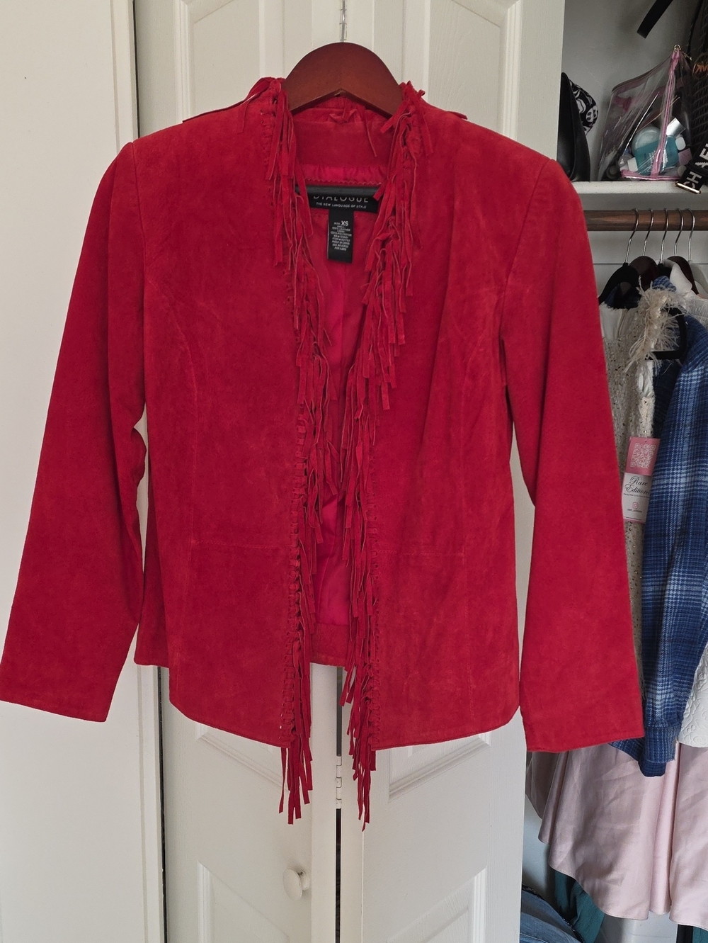 Dialogue Red Suede Fringe Open-Front Jacket